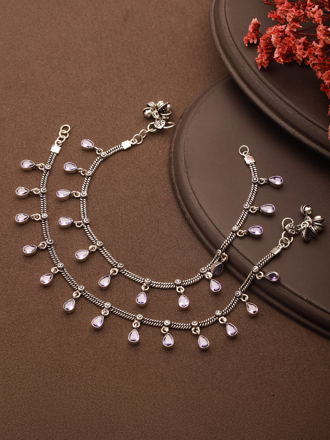 Oxidised silver Lookalike Lavender Charms Payal Anklet